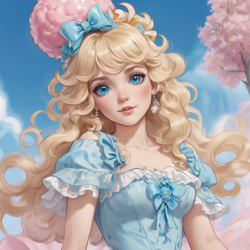 * Hair: blonde and curly, like strands of cotton candy. 
* Eyes: Large and expressive, in a shade of sky blue, like caramel candies. 
* Skin: Pale and smooth, with a slight flush on the cheeks, like fresh whipped cream. 
* Clothes: Colorful and printed dresses, with ruffles and lace, reminiscent of decorated cakes. 
* Details: There may be small details in your hair or clothes that resemble sweets, such as cherry-shaped bows or cupcake-shaped brooches