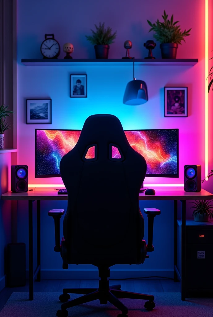 A vibrant and dynamic background for reaction videos on YouTube and Facebook, Inspired by the streaming setups of popular creators like Ibai and Mariana. The background should include a mix of neon lights, Subtle LED glow effects and modern gaming or tech-related decor. It should include elements such as a stylish gaming chair, A dual monitor setup displaying colorful abstract patterns, and soft ambient lighting. Colors should be a combination of deep blues, purples and touches of red or pink, creating a cool and immersive atmosphere without being too distracting. The environment should feel cozy but full of energy, with some decorative objects like action figures, plants or posters in the background