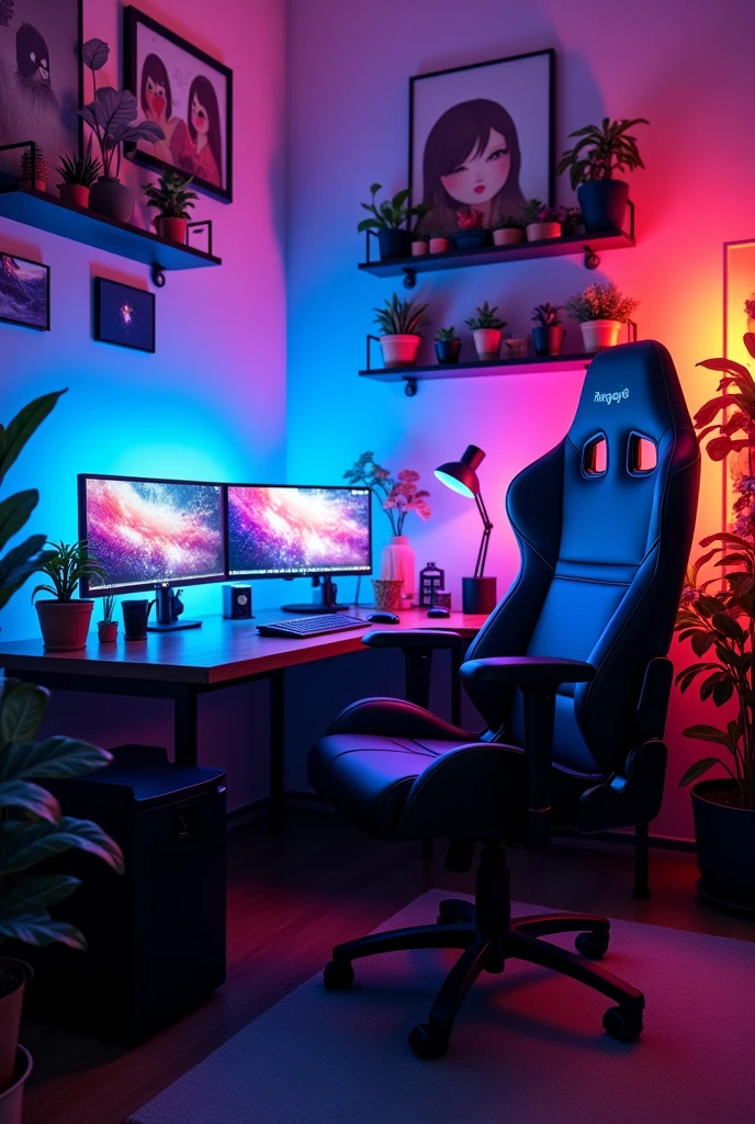 A vibrant and dynamic background for reaction videos on YouTube and Facebook, Inspired by the streaming setups of popular creators like Ibai and Mariana. The background should include a mix of neon lights, Subtle LED glow effects and modern gaming or tech-related decor. It should include elements such as a stylish gaming chair, A dual monitor setup displaying colorful abstract patterns, and soft ambient lighting. Colors should be a combination of deep blues, purples and touches of red or pink, creating a cool and immersive atmosphere without being too distracting. The environment should feel cozy but full of energy, with some decorative objects like action figures, plants or posters in the background