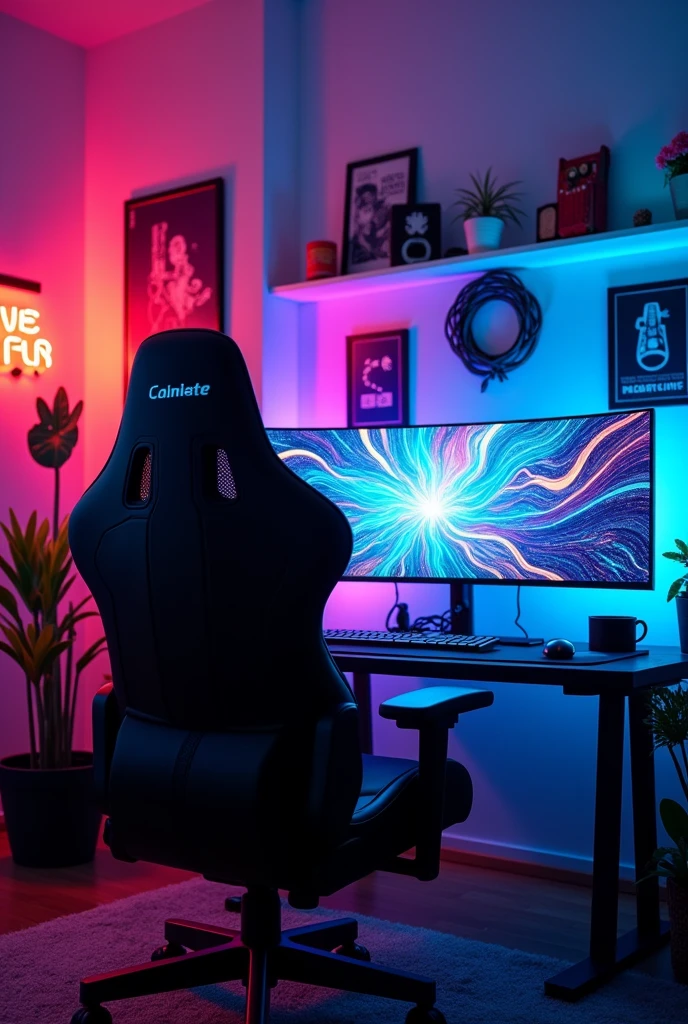 A vibrant and dynamic background for reaction videos on YouTube and Facebook, Inspired by the streaming setups of popular creators like Ibai and Mariana. The background should include a mix of neon lights, Subtle LED glow effects and modern gaming or tech-related decor. It should include elements such as a stylish gaming chair, A dual monitor setup displaying colorful abstract patterns, and soft ambient lighting. Colors should be a combination of deep blues, purples and touches of red or pink, creating a cool and immersive atmosphere without being too distracting. The environment should feel cozy but full of energy, with some decorative objects like action figures, plants or posters in the background