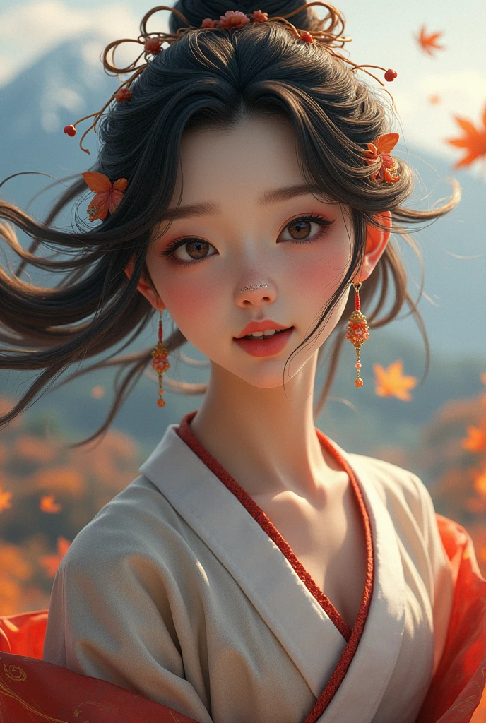 ((masterpiece)), ((Highest quality)), (Beautiful Japanese girl portrait), Eye for perfect detail, Face in perfect detail, Very elaborate nose, Open your mouth, ((Perfect muscle)), Perfect Teeth, Sharp body, Stuck clothes, Charm, Perfect Face, Dimples on cheeks, Depth of written boundary, High resolution, ((Incredibly realistic skin texture)), (Well-proportioned hands), Thin lips, Random color hair, Floating multicolored hair, Narrow waist, Autumn mountain background