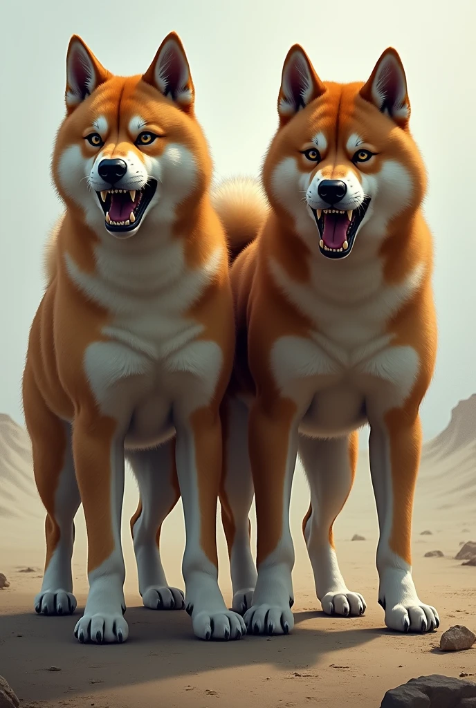 Draw two Akitas standing side by side hungry and angry