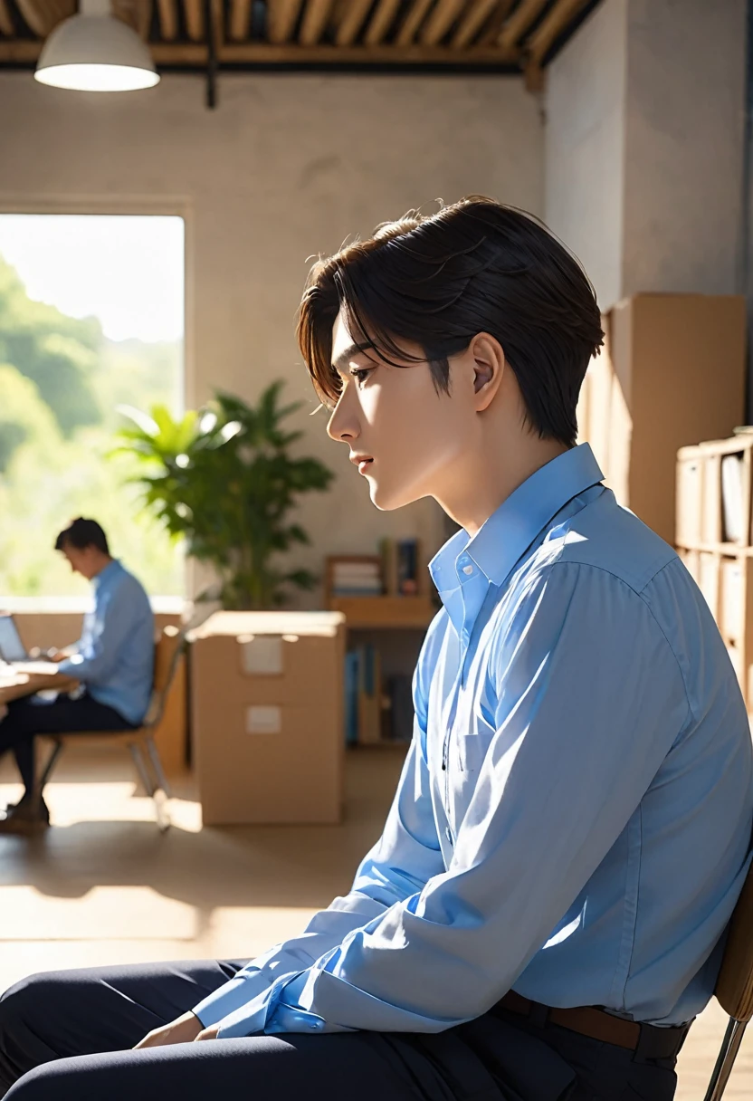 In the image, a person is sitting with their arms resting behind their head, appearing relaxed or deep in thought. They are wearing a blue collared shirt. In the background, there is another individual who is slightly out of focus and appears to be standing or walking. The setting has a soft, bright light, suggesting it might be an indoor environment, possibly an office or a similar workspace.