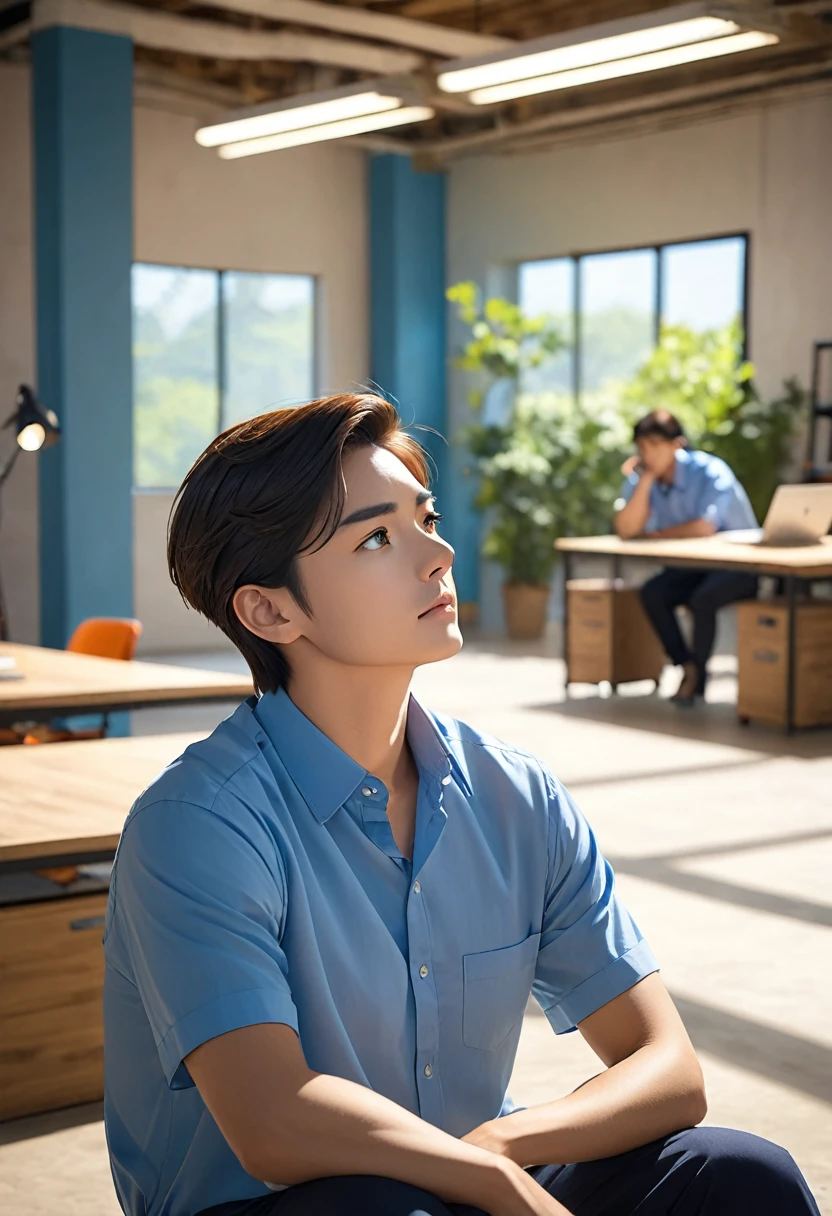 In the image, a person is sitting with their arms resting behind their head, appearing relaxed or deep in thought. They are wearing a blue collared shirt. In the background, there is another individual who is slightly out of focus and appears to be standing or walking. The setting has a soft, bright light, suggesting it might be an indoor environment, possibly an office or a similar workspace.