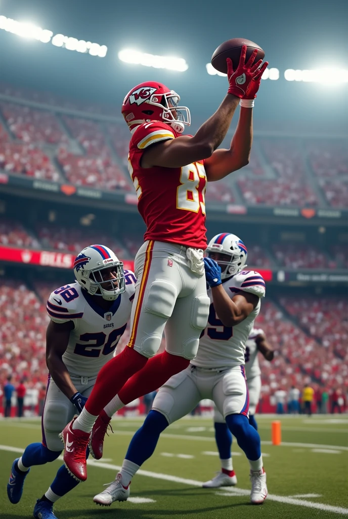 Can you make a picture of travis kelce #87 catching a touchdown over 6 buffalo bills defenders in the nfl. Make him look like hes the best tightend in the world