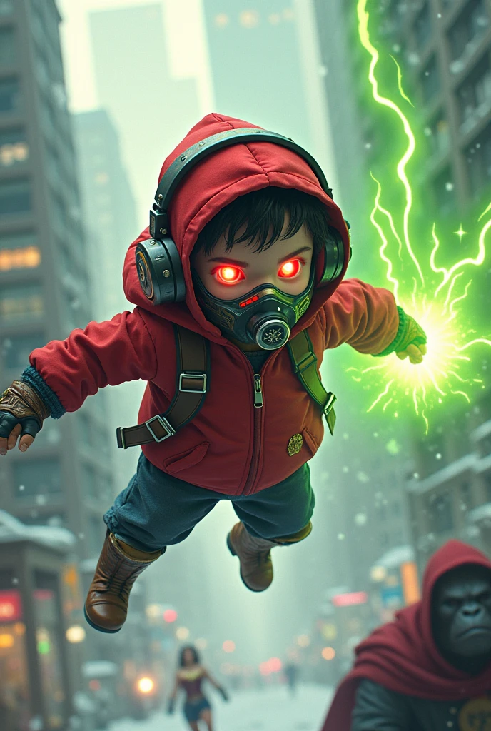 ??? with red hoodie, headphones, star-lord helmet, gas helmet, covered mouth, round red eyes, Red eyes, rocket boots, Vs, wonder woman, big breasts, Fighting, power, fiction, full body, fire in boots, poweful spells, realistic, 2 person, flying, green flames, child, winter, full scene, lasso of truth, Doctor Strange, 4 person, king kong
