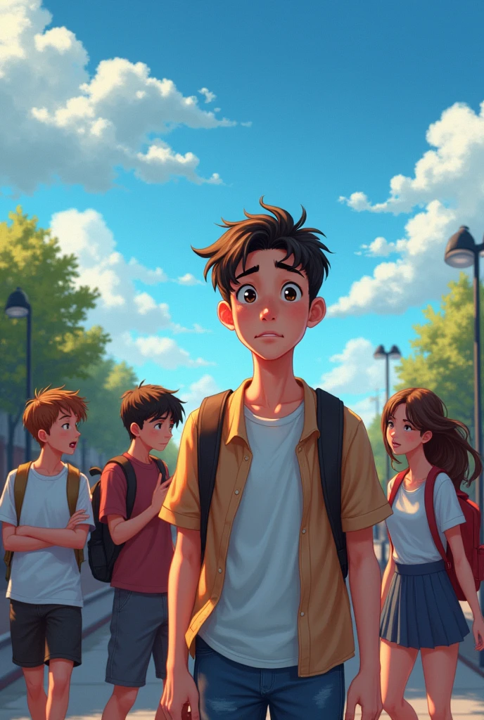 Sad young man, criticized by many people, bad breath, beautiful blue sky during the day, at school, after school, male and female friends, point, frightened, want to cry