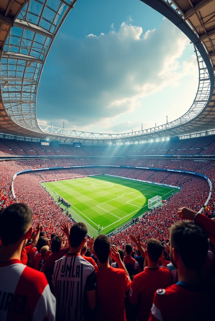 Football stadium packed with fans in colorful shirts