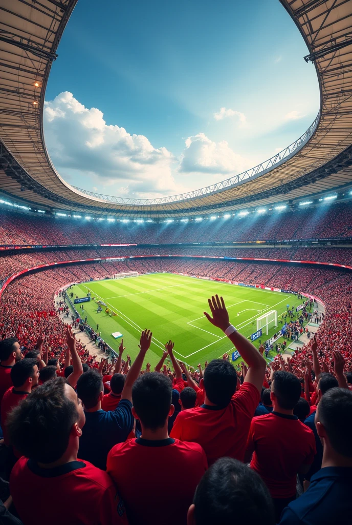 Football stadium packed with fans in colorful shirts