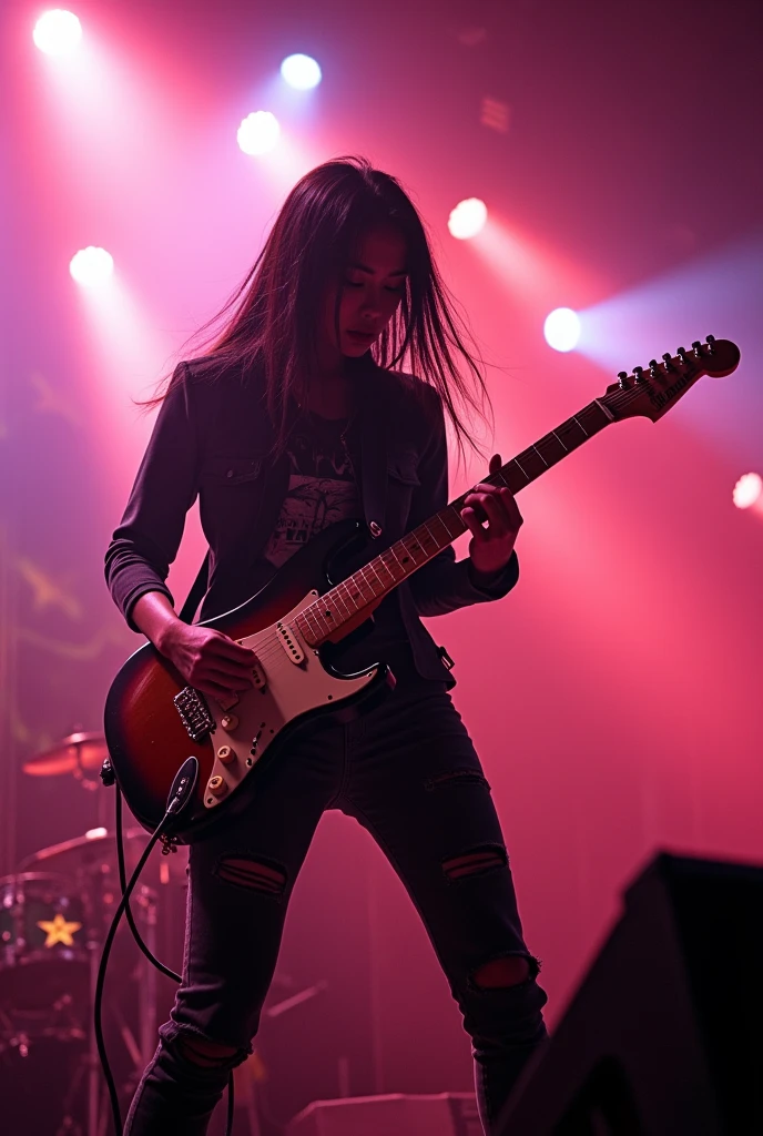 a female japanese rock band,guitarist,electirc guitar,live performance,real life footage,concert view,best quality,4k,8k,highres,masterpiece:1.2,ultra-detailed,realistic,photorealistic,photo-realistic:1.37,HDR,UHD,studio lighting,ultra-fine painting,sharp focus,physically-based rendering,extreme detail description,professional,vivid colors,bokeh,portraits,concert,music
