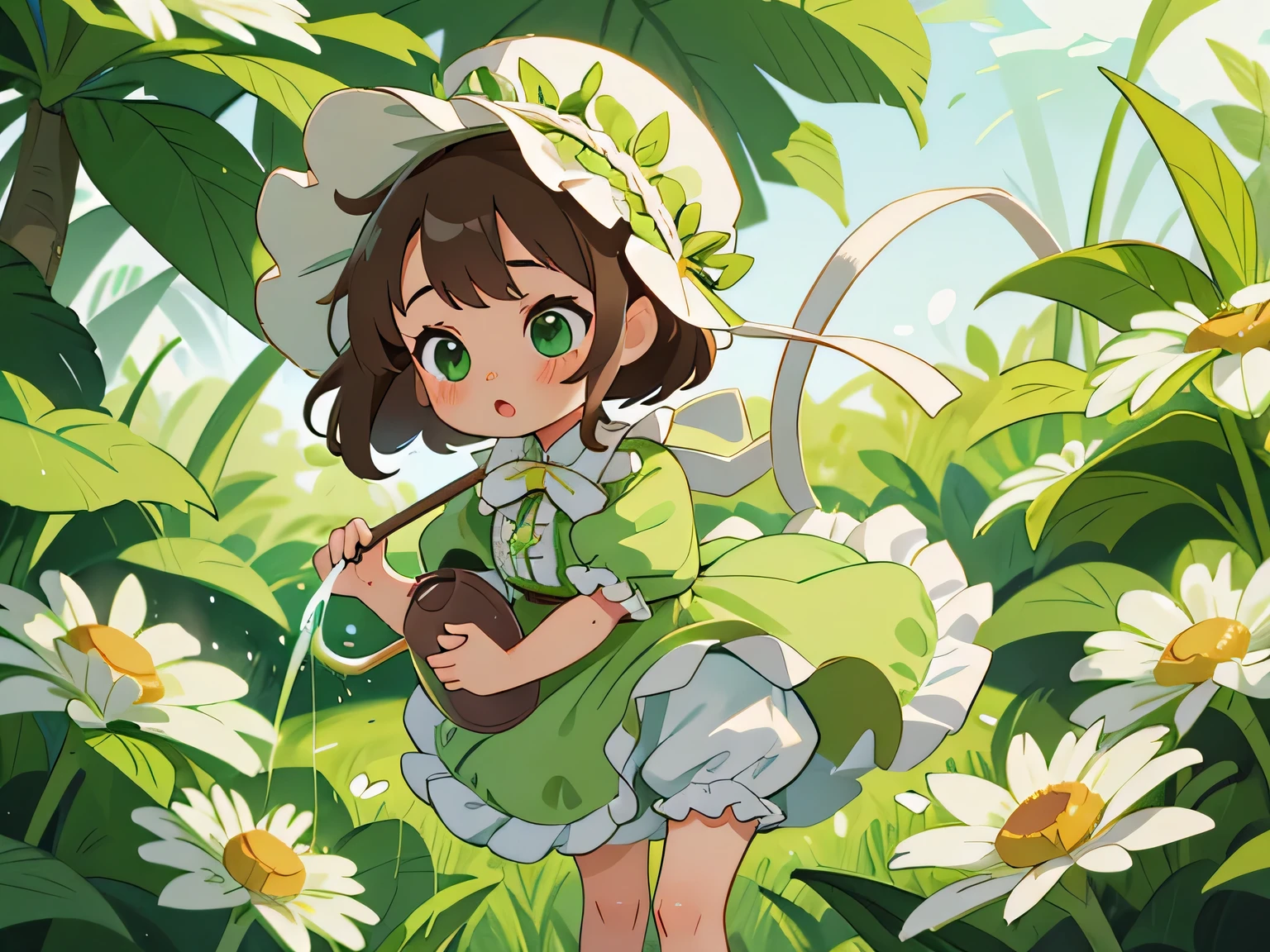 adorable baby girl with green eyes and brown hair, big lips, wearing a frilly green baby bonnet, a frilly green dress, a frilly white diaper, white stockings, watering a flower