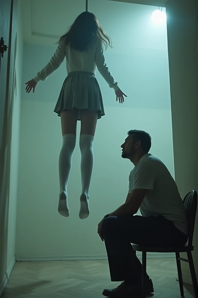 Scene of female student wearing white thigh high socks hanging herself to death ,hovering in the air , a man sitting on the ground in panic with a chair on the ground