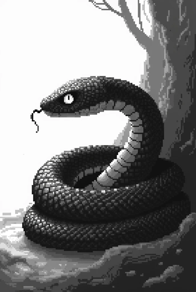 One-eyed snake on its side in black and white pixel art