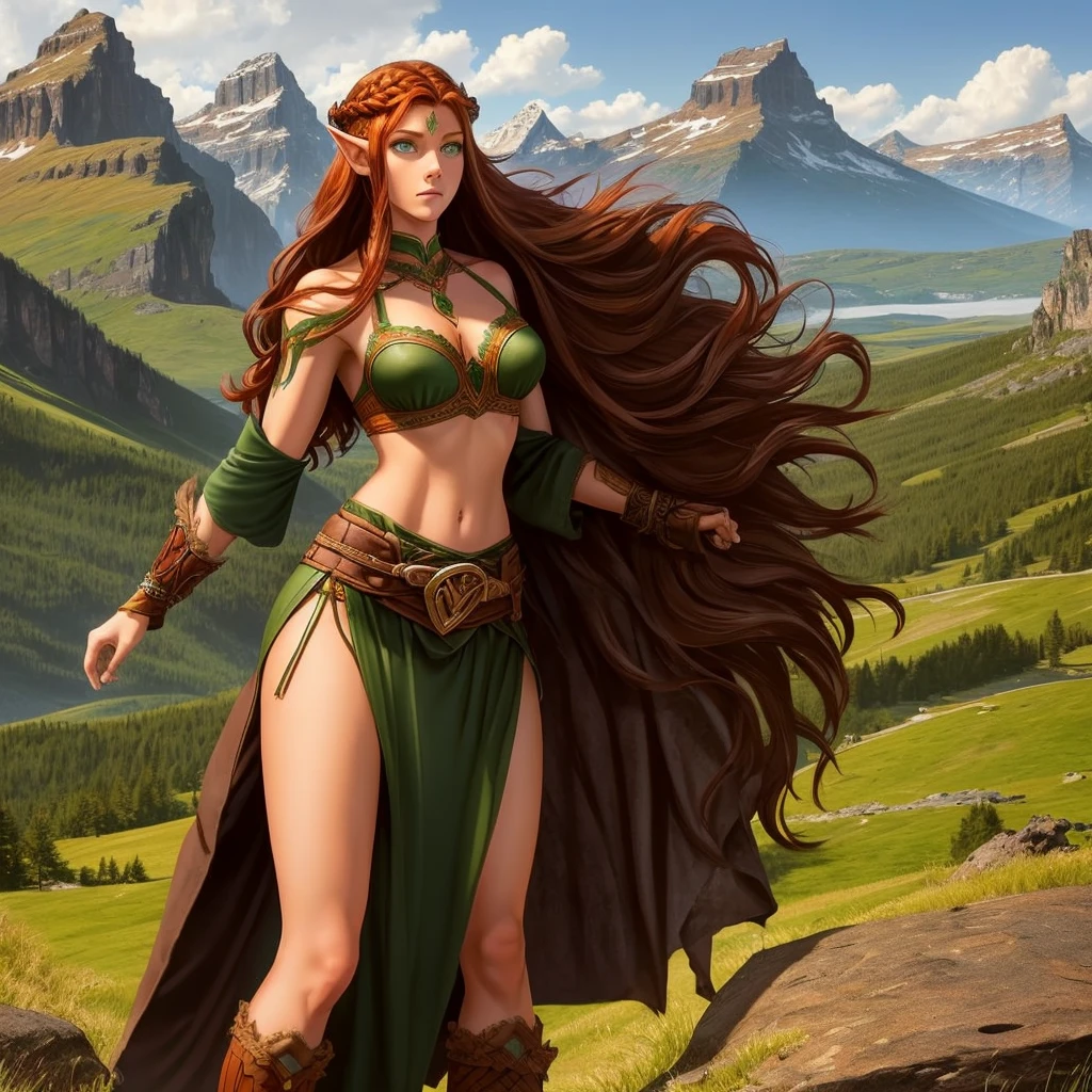 FULL BODY, perfect face, pretty face, elf, 1girl, mountains, auburn hair, viking top braid, green eyes, brown leather, (skimpy low skirt), bare arms, (bare stomach), (bare pelvis) , bare arms, short brown cloak, dark, gritty, Best Quality,