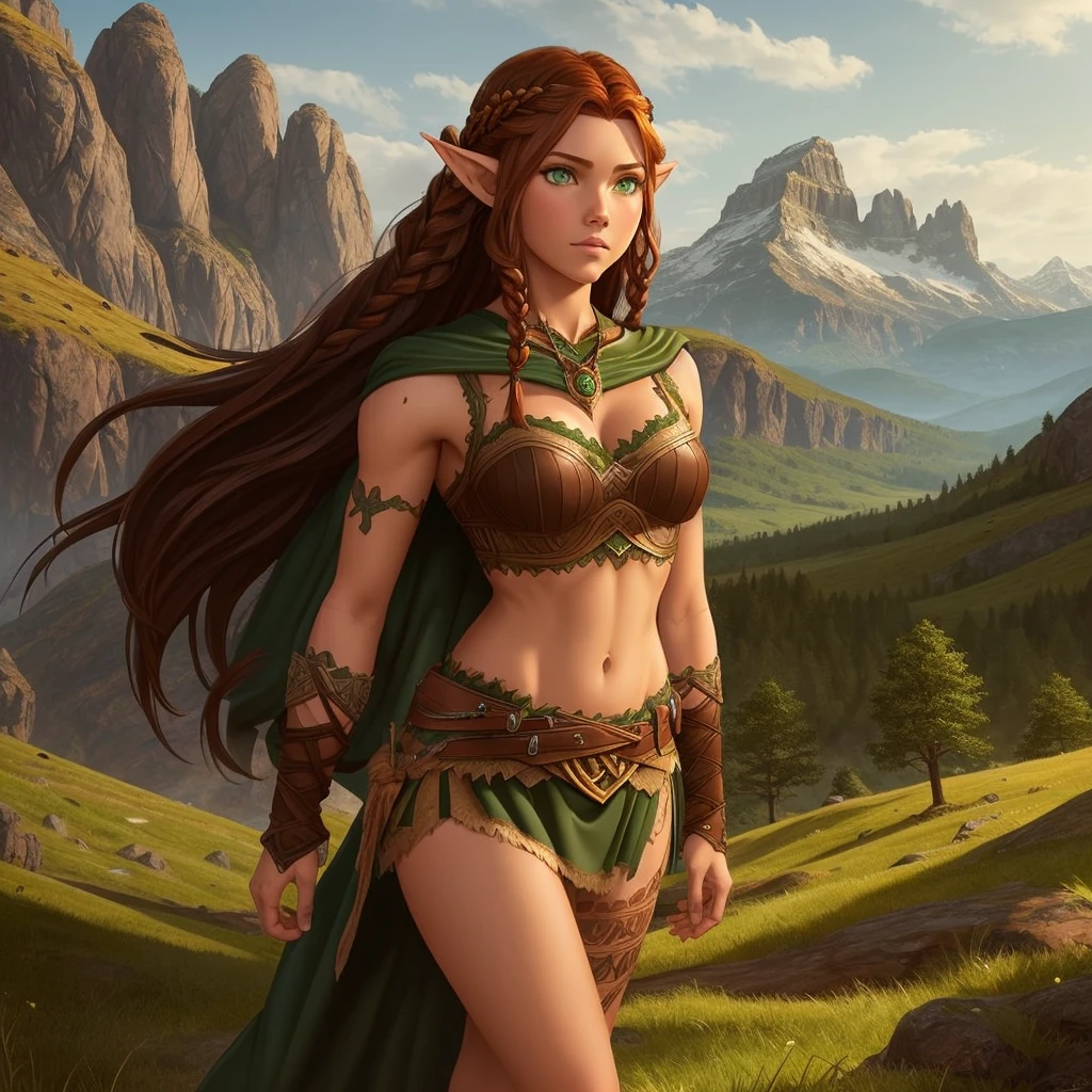 FULL BODY, perfect face, pretty face, elf, 1girl, mountains, auburn hair, viking top braid, green eyes, brown leather, (skimpy low skirt), bare arms, (bare stomach),  (bare pelvis) , bare arms, short brown cloak, dark, gritty, Best Quality, 