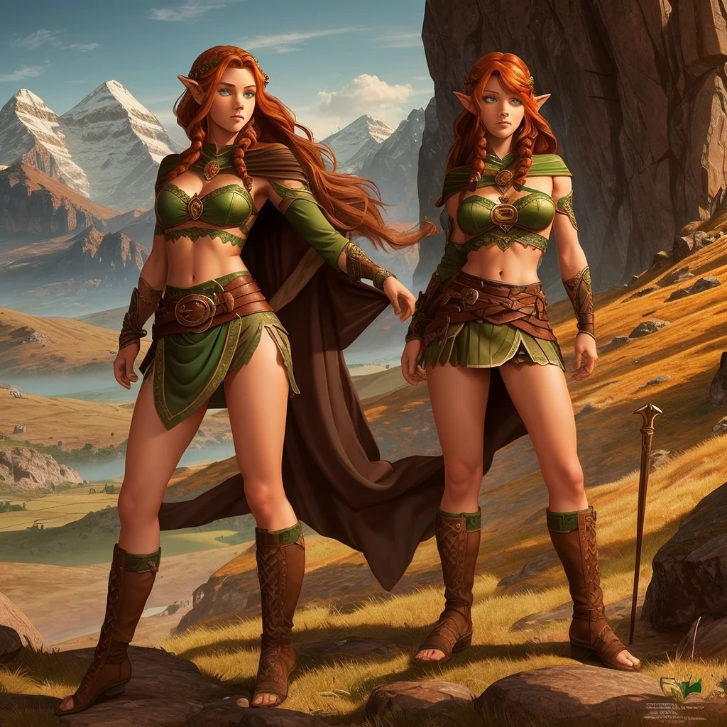 FULL BODY, perfect face, pretty face, elf, 1girl, mountains, auburn hair, viking top braid, green eyes, brown leather, (skimpy low skirt), bare arms, (bare stomach),  (bare pelvis) , bare arms, short brown cloak, dark, gritty, Best Quality, 