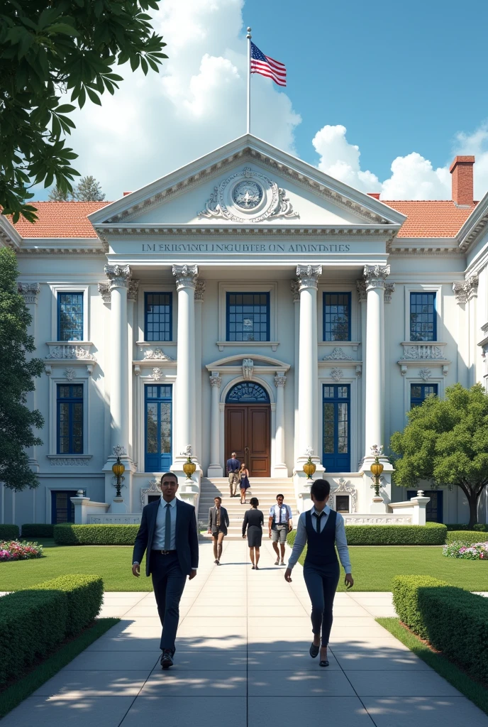 Large school for wealthy people white walls with blue