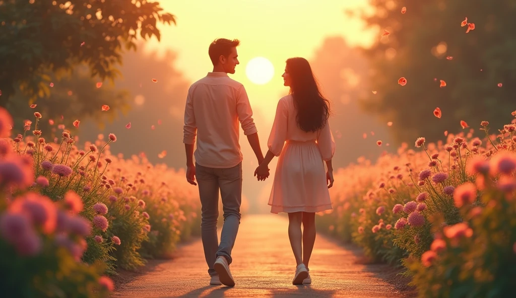 The couple is walking down a path lined with blooming flowers, hand in hand. The path is illuminated by the warm glow of a setting sun, and the atmosphere is peaceful and romantic.