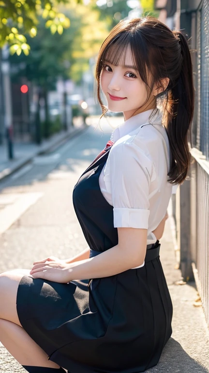 Tabletop、(masterpiece:1.3), 
(8k, Photorealistic: 1.4, RAW Photos, Best image quality: 1.4), 
Japanese Idols、Super detailed face、Attention to detail、Genuine、 
double eyelid、Big and attractive eyes,Perfectly beautiful eyes、 Sharp focus:1.2、Beautiful woman:1.5、
Light brown hair、 Highest quality、masterpiece、Ultra-high resolution、Depth of written boundary、Perfect Shadow、(Photorealistic:1.4)、Highly detailed and professional lighting、Realistic Light、
Perfectly shaped、Symmetrical face、beautiful girl,Sharp focus, Perfect Anatomy,Crouching,
(Smiling and looking down at the camera:1.1),(Front shot:1.1),(Look forward),Black short ponytail,school uniform,（The uniform is transparent:1.2）,（Nipple protrusions protrude:1.3）、glamorous,( Close the front of the clothes:1.1),(breast focus:1.1),street,Natural light,(Backlight),(A bright light shines from behind),(Lens flare)(Low position:1.3),(Low Angle:1.3)
