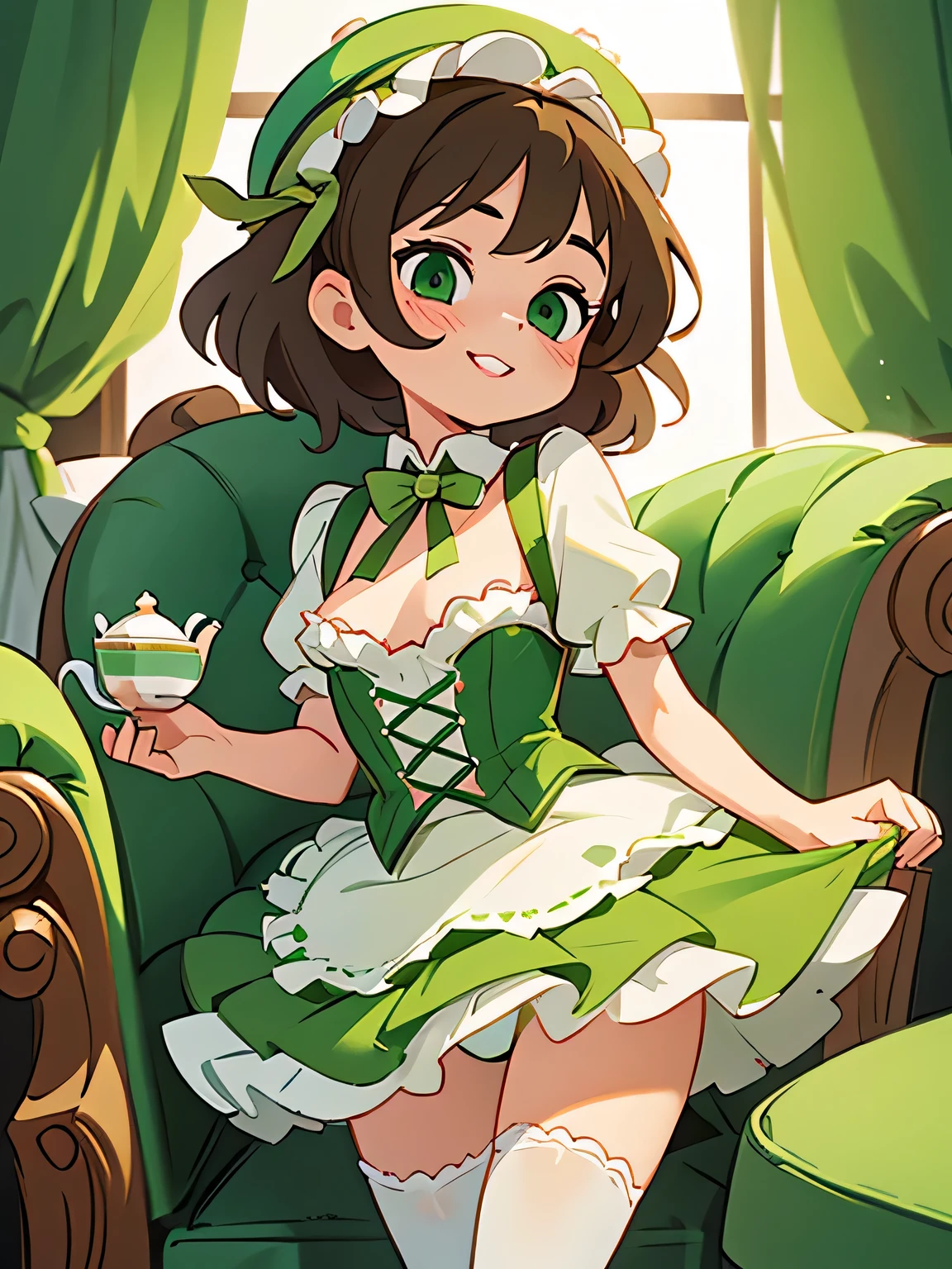 Pretty girl with green eyes and brown hair, with big lips, with small and wide hips, wearing a frilly green bonnet, a frilly green tutu, a frilly white diaper, white stockings, in a lounge, pouring tea, smirking
