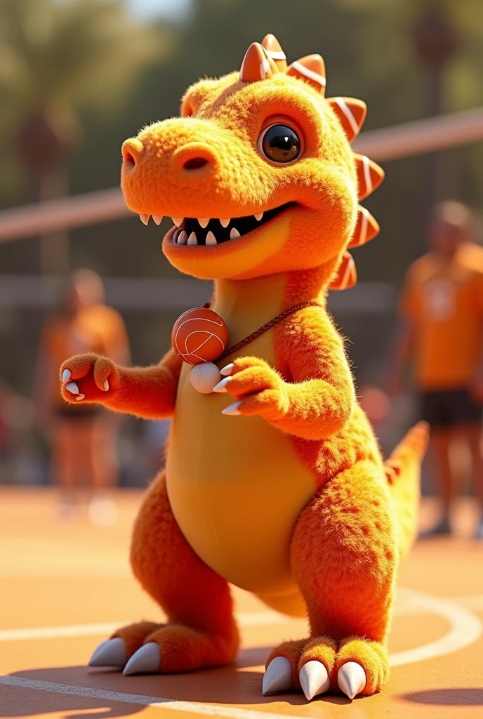 make a friendly furry dinosaur cheerleading costume from those basketball team cheerleaders, but make this one volleyball, and the cute orange color that looks like a fantasy and reminds me of a dinosaur with a tiny volleyball ball necklace with crooked teeth