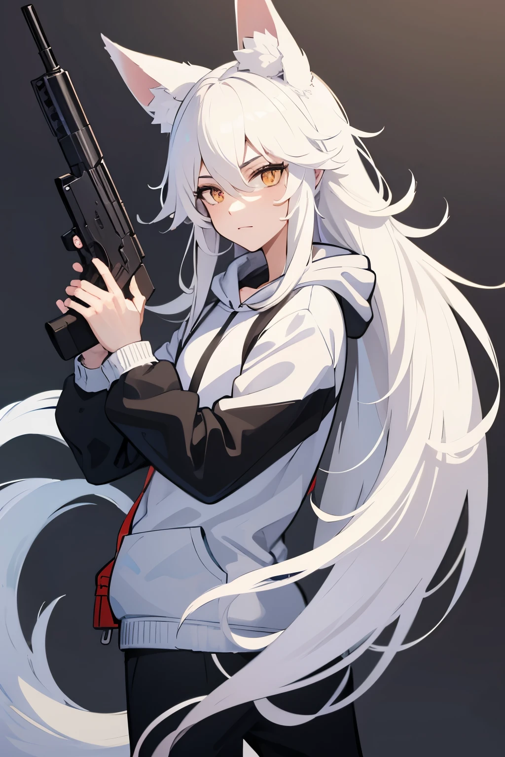 Draw a boy with long white hair, fox ears and tail, wearing a hoodie and holding a gun.