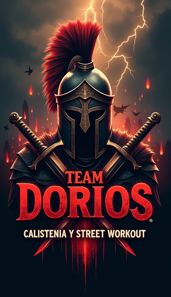 I want you to create a typical logo for an elite calisthenics athlete team..
To detail the idea The Logo Should have a Greek warrior helmet with 2 swords in front of it in X, The background will be like a dungeon of the underworld, dark and with flames that express lament, anger and fear. With Dragons Flying In The Distance And Thunder Falling With The Words Of "Team Dorios" In front of the logo, Big letters with blood that inspire respect and inspiration and in the lower part of the image I want you to put the words "Calistenia Y Street Workout" With Radiant Matte Colors, That Generate Respect, Motivation and Inspiration"
