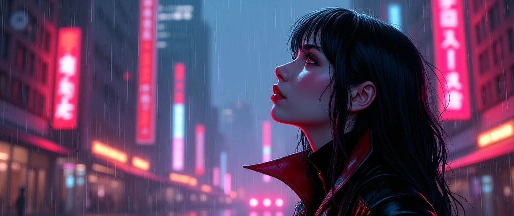 Serana volkhiar in the rain side profile in the city, in the style of synthwave, magenta and cyan, extremely detailed art, rebecca sugar, shiny/glossy, hyper-detailed illustrations --ar 2:1, looking at sky in rain details, neon lights, sem franja, red eyes, roupa preta com detalhes vermelhos