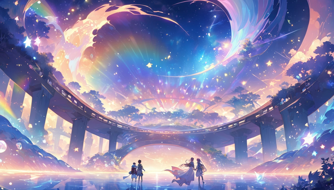 A vivid and fantastic sight under the clear blue sky. The focus is on two characters standing together on a shimmering rainbow bridge spanning a cosmic landscape filled with twinkling stars and distant galaxies. The characters hold hands and look forward toward a bright, shining light that represents a common future. The world under the bridge is depicted as a lush, dreamlike terrain with hints of both fantasy and reality, and here the adventure is just beginning. And so begins a magical adventure.