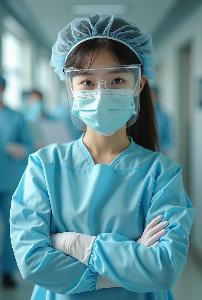 1 girl Korean, ((Gloves on the elbows)), ((surgical gloves)), ((rubber gloves)), ((long sleeves)) ((medical mask)) ((face shield)) ((dentistа костюм)), I'm looking at the viewer, ((dentist)), standing, One