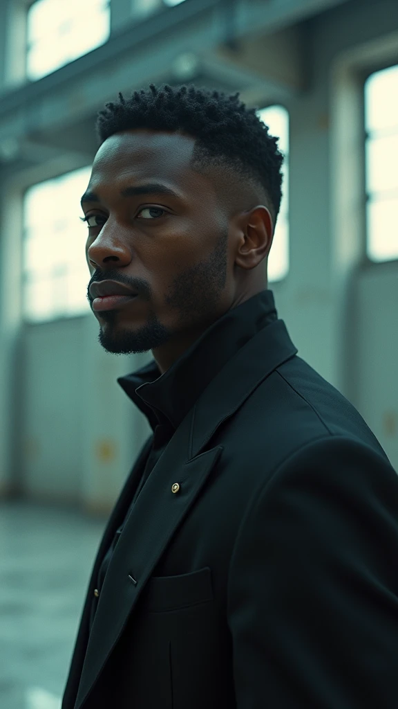 A black man with short black hair, detailed facial features, wearing a black and white outfit, surrealistic style, pastel tones, mid shot, dramatic lighting from large industrial windows, 16:9 aspect ratio, (best quality, 8k, highres, masterpiece:1.2), ultra-detailed, (realistic, photorealistic, photo-realistic:1.37), HDR, UHD, studio lighting, ultra-fine painting, sharp focus, physically-based rendering, extreme detail description, professional, vivid colors, bokeh, portraits, concept art