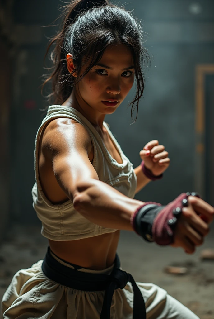Karate girl fights with bare chest