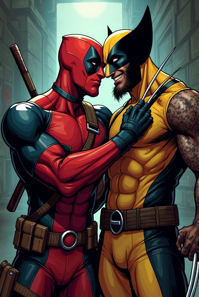Deadpool rubbing Wolverine's head