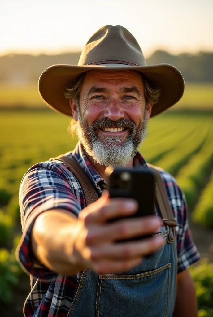 A farmer taking a selfie, view from the camera