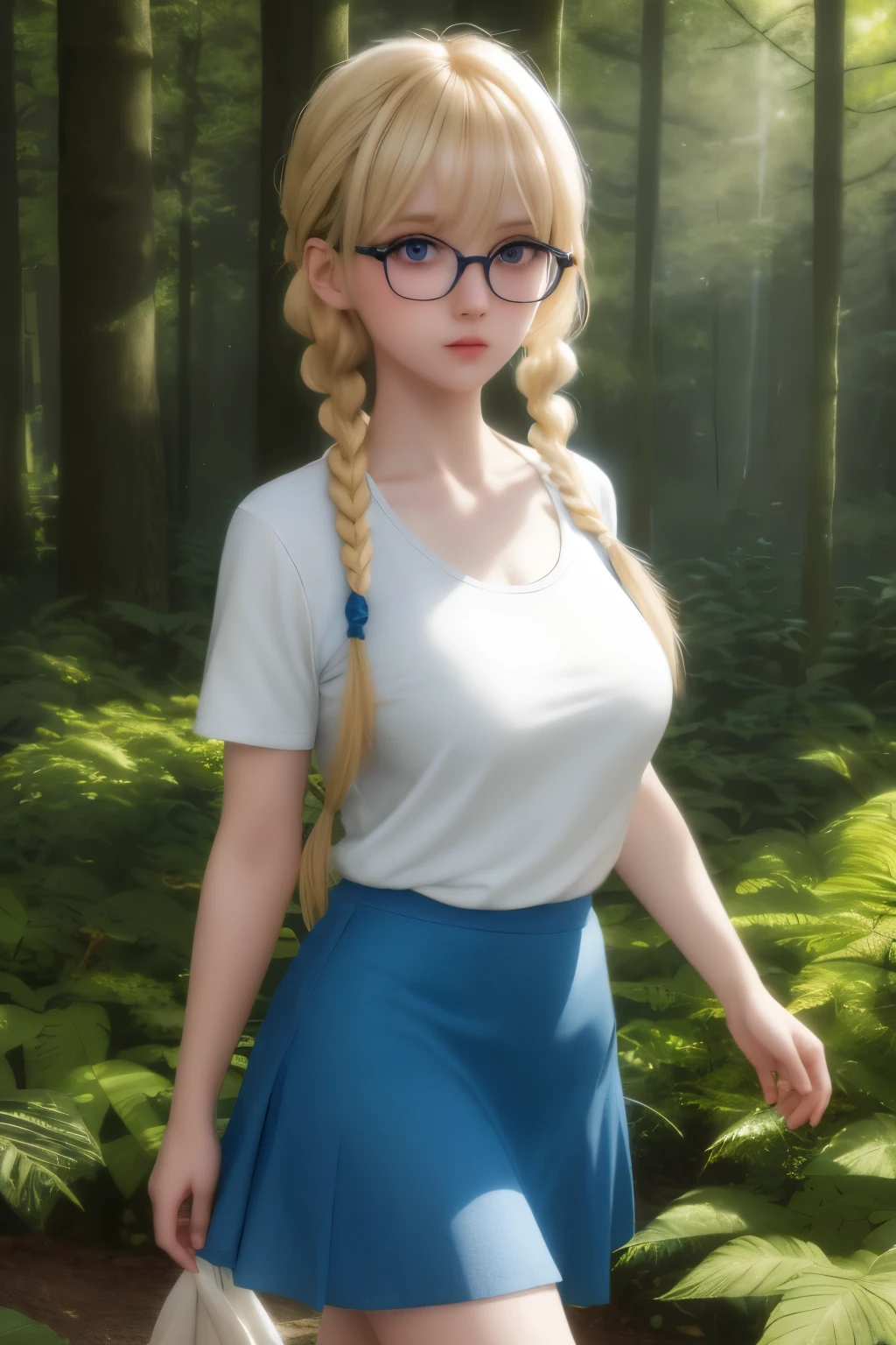 1girl,cute,Short white t-shirt, plain t-shirt, blue short skirt,Ruffled skirt,very big breasts, blonde hair, blue eyes, bangs,  two braids, glasses,Walk in the forest,at night,vibrant colors,close up photo, colorful art style, soft shadows, detailed textures, dynamic lighting, ultra detailed