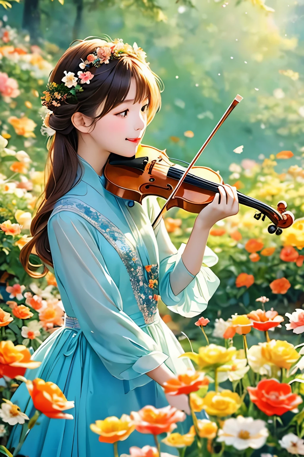 Highest quality, Very detailed, masterpiece, Very detailed, Playing the violin)、(holding a violin bow１∶４), One girl, null, green_null,Day, length_hair, 雲y_null, moon,bird, alone, Silver_hair, witch, Outdoor ,On a hill overlooking the sea、Hair Flower, smile, Open your mouth a little, smiling, 長いhair, 斜め前hair, Vertical Roll, A sparkling effect of a girl playing the violin in a flower grove, far and near method, Bloom, Anime Style, 