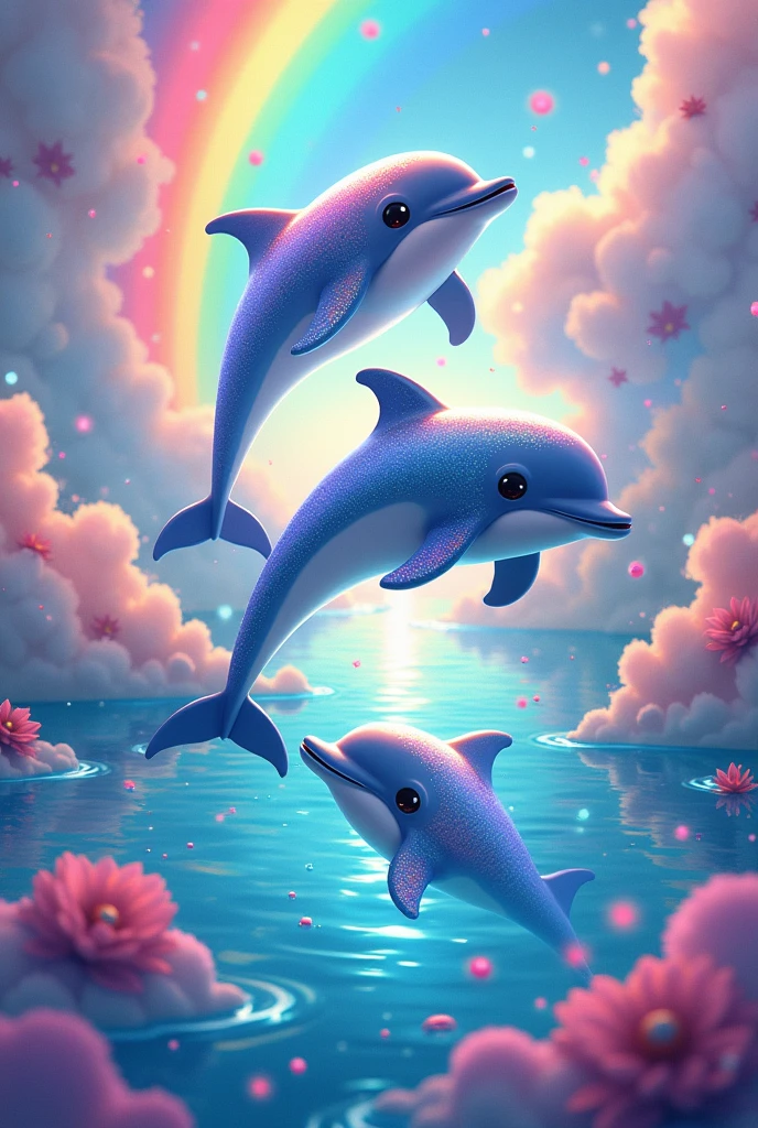 Fabulous themed dolphins with rainbows and cute colorful things and cute glitter and more realistic and fabulous rainbows and unicorns , more realistic and more brightness more illumination 