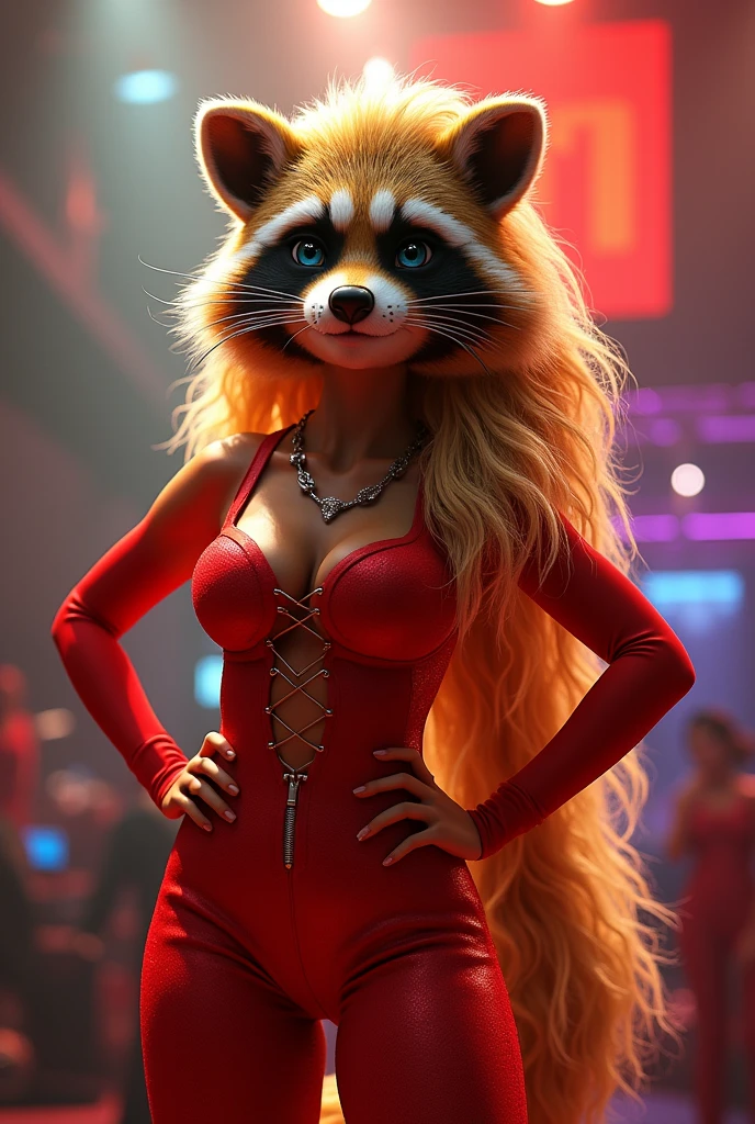 a female raccoon in a red outfit/golden and a blonde wig from the singer Joelma from the band calypso