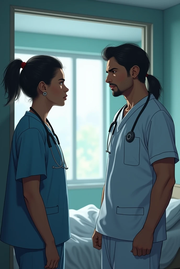 The Ponytail Nurse, Black haired man with a stethoscope asks the father of the to leave through the bedroom door, Jumping into the conversation about his son's antisocial problems, The father appears unhappy while the nurse tries to comfort him