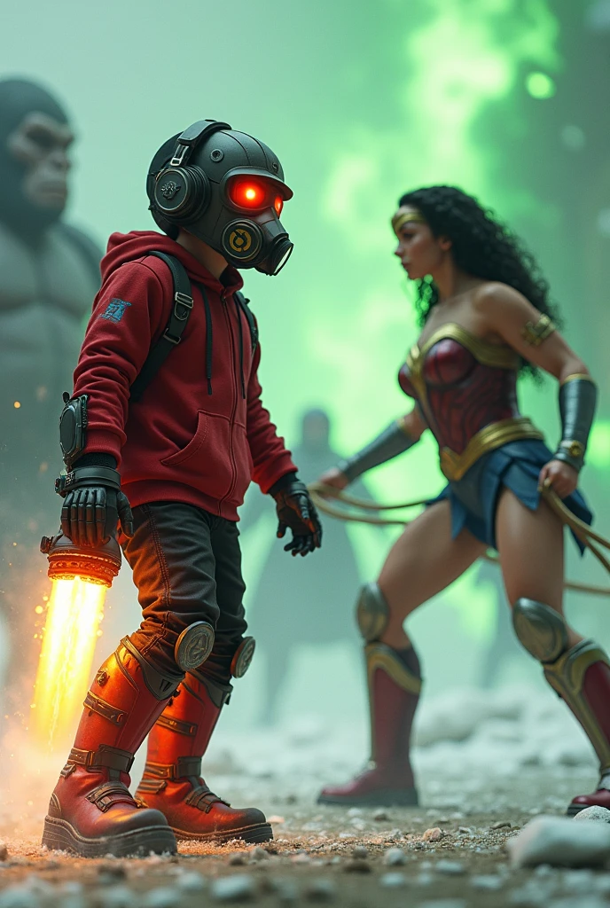 Kid with red hoodie, headphones, star-lord helmet, gas helmet, covered mouth, round red eyes, Red eyes, rocket boots, Vs, wonder woman, big breasts, Fighting, power, fiction, full body, fire in boots, poweful spells, realistic, 2 person, flying, green flames, child, winter, full scene, lasso of truth, Doctor Strange, 5 person, king kong