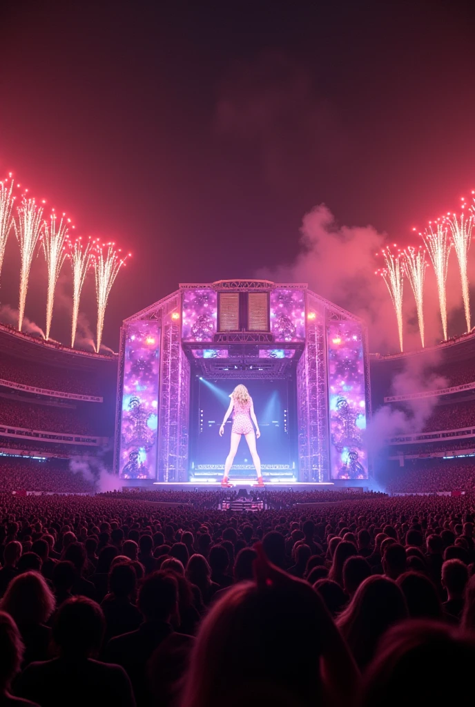 Stage 10 times bigger than Taylor Swift&#39;s stage with 1000 lights and 5 screens in a huge stadium. normal stage structure and 100 fireworks being launched