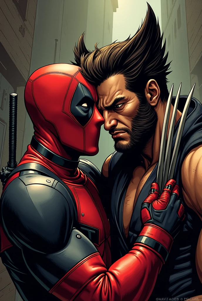 Deadpool rubbing Wolverine's head
