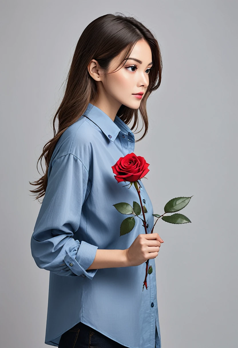 The image shows a person wearing a long-sleeve blue button-up shirt, holding a single red rose. The background is a plain grey backdrop. The individual appears to be standing and extending the rose forward with their right hand.