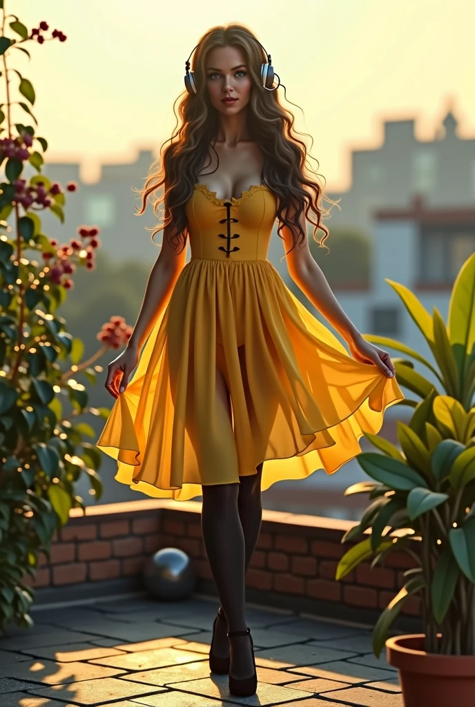 (photorealism:1.2),  beautiful woman, walking, yellow ballet dress, visible black garter ,  visible top of  black stockings, ballet heels put on, pilot's headset, long curly hair, on the roof, soft lighting, plants in background, sunlight, relaxed pose, realistic, intricate details, warm colors, 