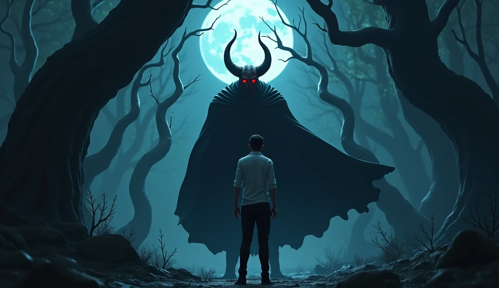 In a dark forest under the light of the full moon, a devil talking to a man. The devil has horns, bright red eyes like burning embers, and wears a black cape that flutters in the wind. The man, dressed in a white shirt and black pants, is visibly scared, looking at the devil with fear. The trees around him are twisted and deformed, their branches extending like claws, creating a sinister and disturbing atmosphere, in 3D animated style.