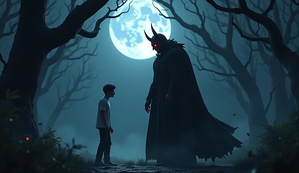 In a dark forest under the light of the full moon, a devil talking to a man. The devil has horns, bright red eyes like burning embers, and wears a black cape that flutters in the wind. The man, dressed in a white shirt and black pants, is visibly scared, looking at the devil with fear. The trees around him are twisted and deformed, their branches extending like claws, creating a sinister and disturbing atmosphere, in 3D animated style.