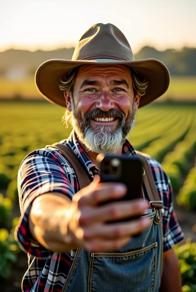A farmer taking a selfie, view from the camera