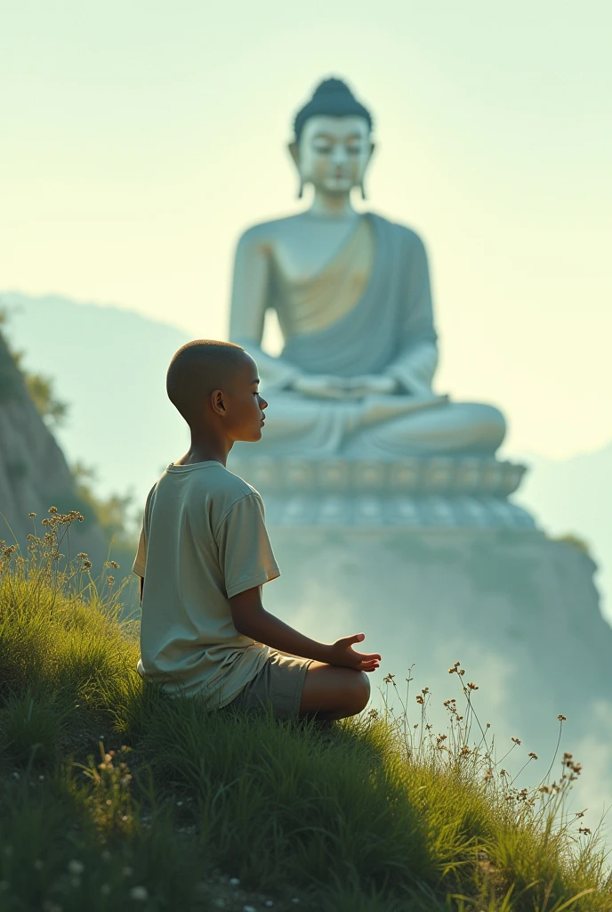A bald, beardless Brazilian favela boy meditating on a green mountain peak, dry shaping, with a huge blurred Buddha statue behind.