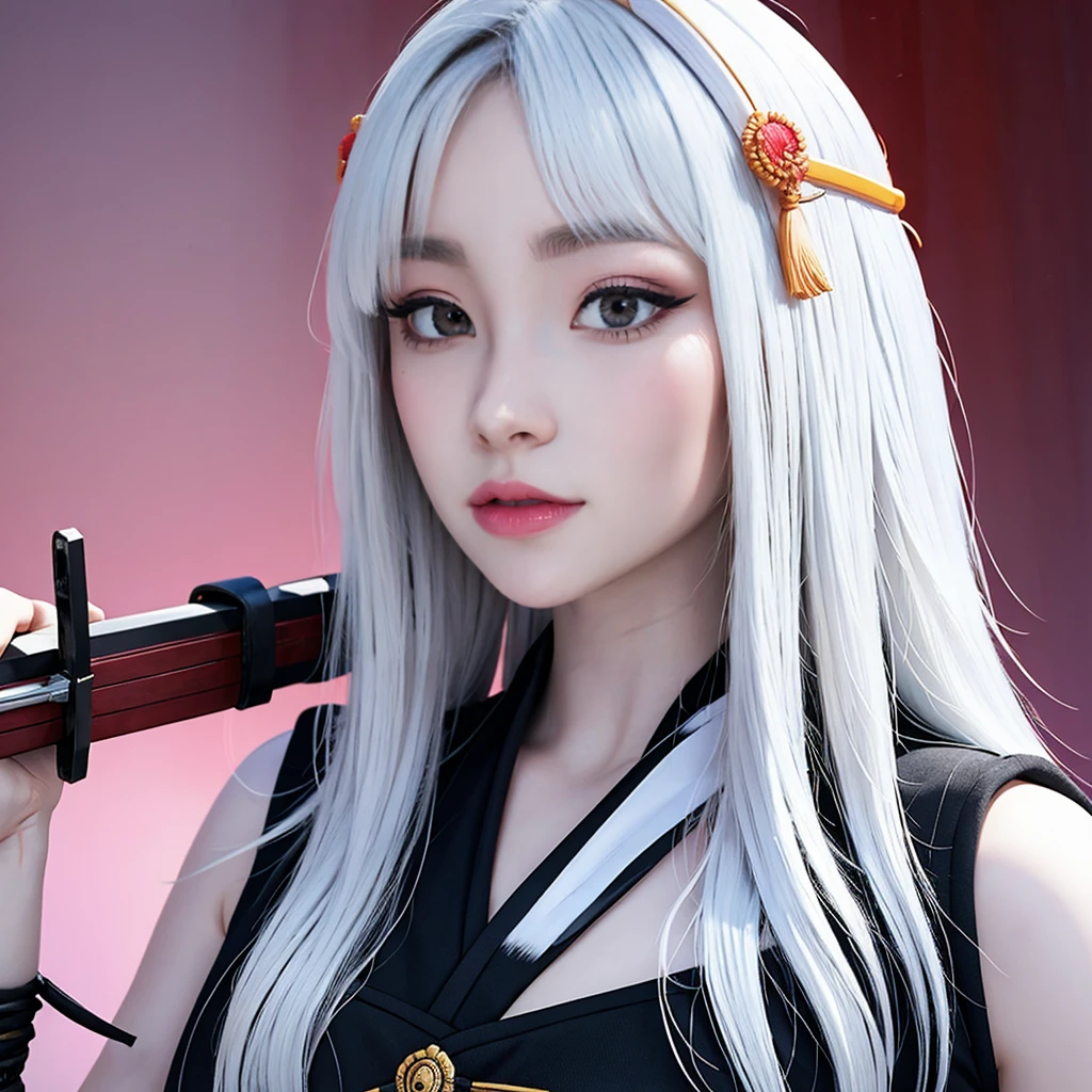 (masterpiece), best quality,1 girl, white hair, long hair, hair decorations, sensual face, white skin, tattooed body, posing, carrying a samurai sword, katana, Masterpiece, best quality, realistic, ultra high resolution, depth of field. (detailed background), (masterpiece: 1.2), (ultra detailed), (best quality), complex and complete cinematic photography, magical, (gradients), colorful and detailed landscape, visual key.,more detail XL