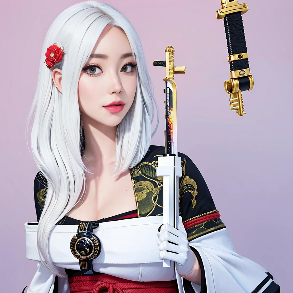 (masterpiece), best quality,1 girl, white hair, long hair, hair decorations, sensual face, white skin, tattooed body, posing, carrying a samurai sword, katana, Masterpiece, best quality, realistic, ultra high resolution, depth of field. (detailed background), (masterpiece: 1.2), (ultra detailed), (best quality), complex and complete cinematic photography, magical, (gradients), colorful and detailed landscape, visual key.,more detail XL